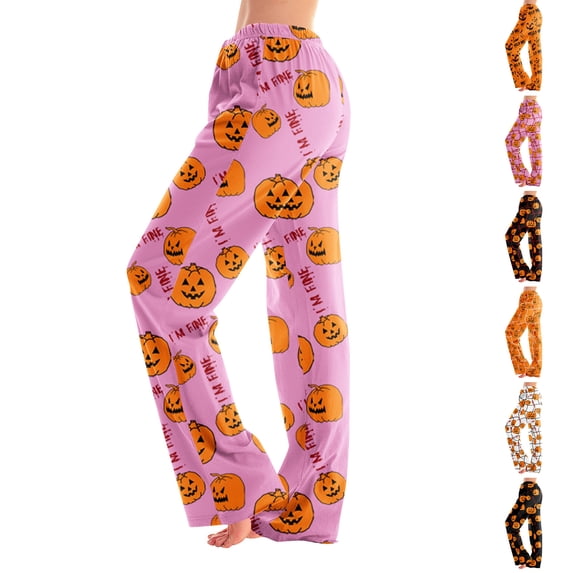 Trgacdwlo Womens Halloween Pj Pants Cute Pumpkin Ghost Print Wide Leg Women's Sleep Pants Elastic Waist Fall Winter Pj Pants Women