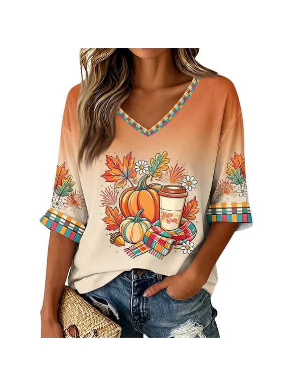 Womens Halloween Shirts V Neck 3/4 Length Sleeve Womens Tops Ghost Pumpkin Graphic Fall Holiday Shirts for Women Graphic