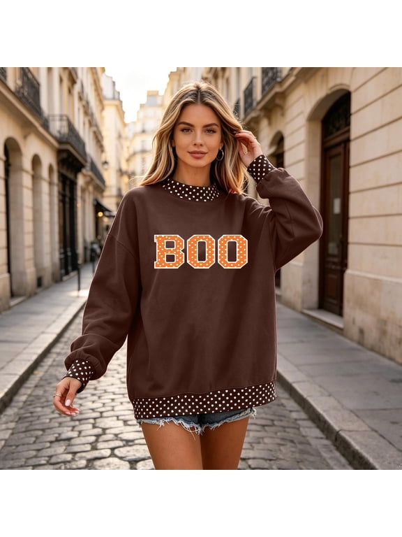 Womens Halloween Sweatshirt Boo Polka Dot Patchwork Womens Crewneck Sweatshirt Color Block Fall Winter Pullover Tops