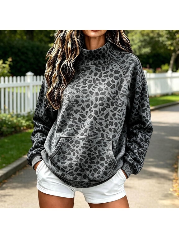 Womens Mockneck Sweatshirt Leopard Print Women Raglan Long Sleeve Shirt Fall Winter Streetwear Pullover Sweaters for Women with Pocket