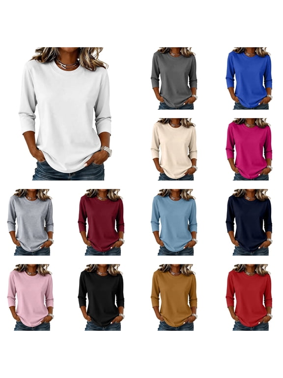 Womens Tops 3/4 Sleeve Solid Color Crew Neck Shirts for Women Basic Loose Fit Fall Three Quarter Sleeve Women's Tunics Pink M
