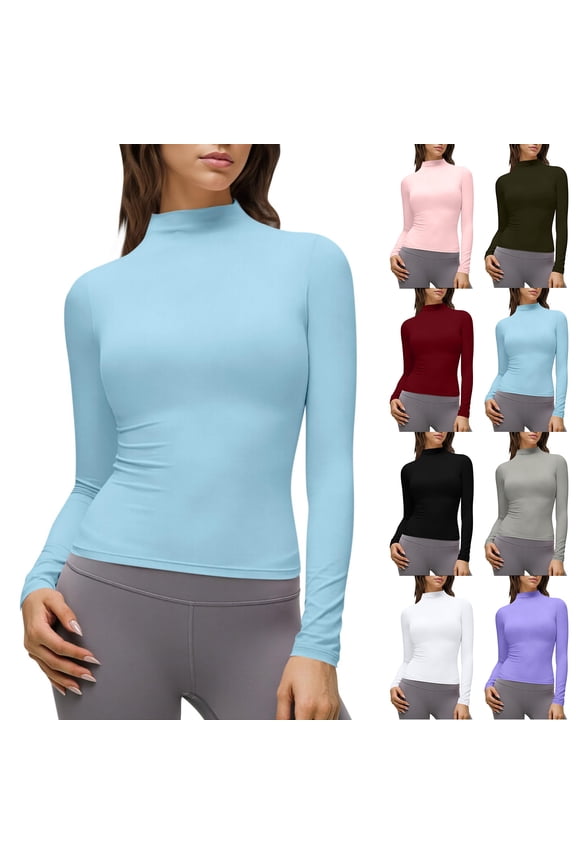 Womens Tops Mock Neck Long Sleeve Slim Fit Turtleneck Basic Layering Soft Lightweight Stretch Shirts for Women Purple S