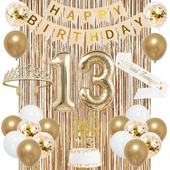 Trgowaul 13th Birthday Decorations for Girls, Banner, Sash and Crown, Cake Topper, 13 Number Balloon, Fringe Curtains, Champagne Gold 13 Birthday Party Supplies Y101