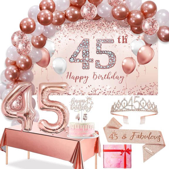 Trgowaul 45th Birthday Decorations Balloon Set Women Arch, Rose Gold 45th Birthday Banner and Party Tablecloth, Belt and Tiara, Pink Gold 45th Balloon, Cake Topper, Latex Balloon * 60 A101