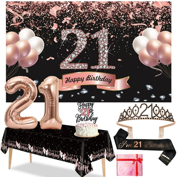 Trgowaul Black Rose Gold 21st Birthday KKS1Decorations for Women, Banner, Sash and Crown, Cake Topper, Pink 21 Number Balloons, 21 Year Old Birthday Set