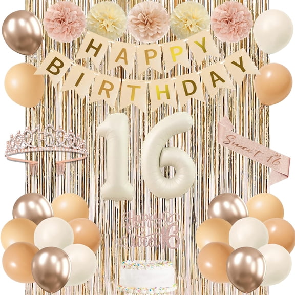 Trgowaul Champagne Gold Beige Sweet 16th Birthday Decorations Girls, Banner, 16th Sash and Crown, Cake Topper, 16 Number Balloon, Paper Pom Poms, Fringe Curtains, Boho Birthday Party Supplies Y102