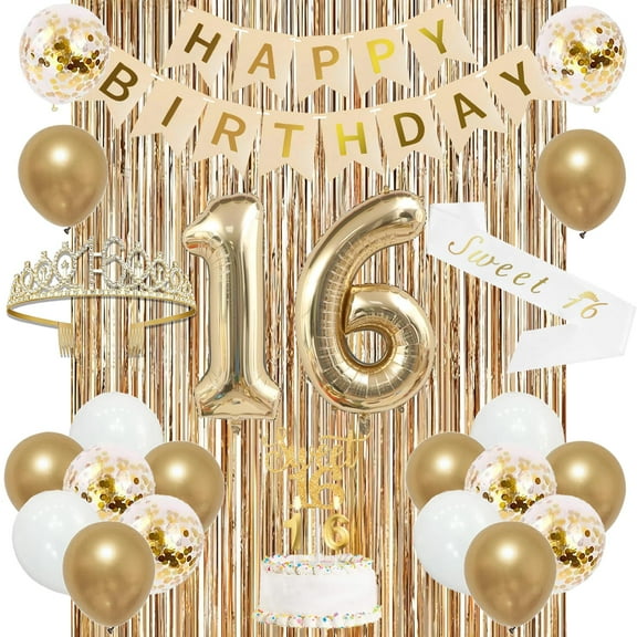 Trgowaul Sweet 16th Birthday Decorations for Girls, Banner, Sash and Crown, Cake Topper, 16 Number Balloon, Fringe Curtains, Champagne Gold 16th Birthday Party Supplies Y114
