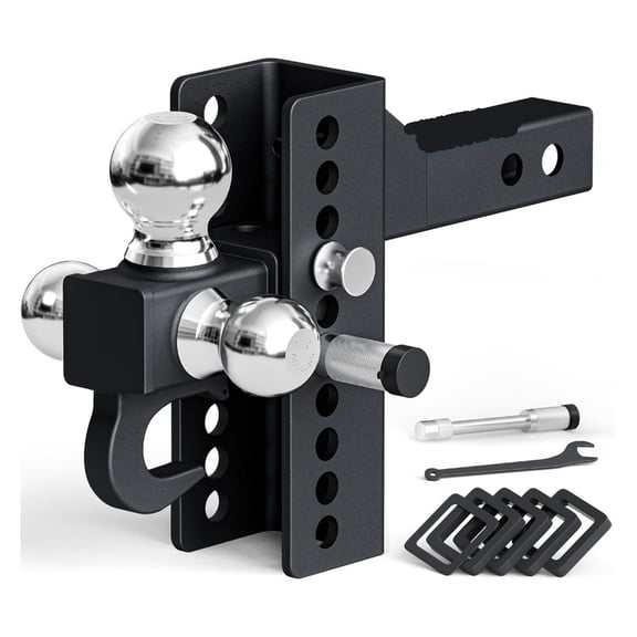 Tri-Ball Mount Adjustable Trailer Hitch with Tow Hook, Fits 2-Inch Receiver, 4.5-Inch Rise/Drop ,Secure All-In-One Ball Hitch