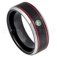 thumbnail image 1 of Tri-Color Black Red Stripe Tungsten Ring - 0.07ct Solitaire Emerald Ring - Personalized Tungsten Wedding Ring - Custom Made May Birthstone Ring TN745BS, 1 of 1