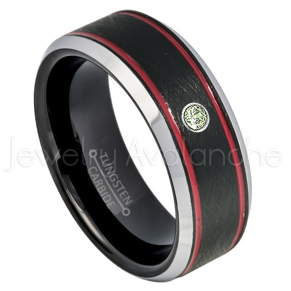 Tri-Color Black Red Stripe Tungsten Ring - 0.07ct Solitaire Peridot Ring - Personalized Tungsten Wedding Ring - Custom Made August Birthstone Ring TN745BS