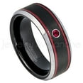 thumbnail image 1 of Tri-Color Black Red Stripe Tungsten Ring - 0.07ct Solitaire Ruby Ring - Personalized Tungsten Wedding Ring - Custom Made July Birthstone Ring TN745BS, 1 of 1