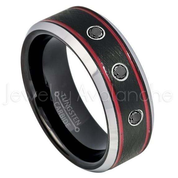 Tri-Color Black Red Stripe Tungsten Ring - 0.21ctw Black Diamond 3-stone Band - Personalized Tungsten Wedding Ring - Custom Made April Birthstone Ring TN745BS