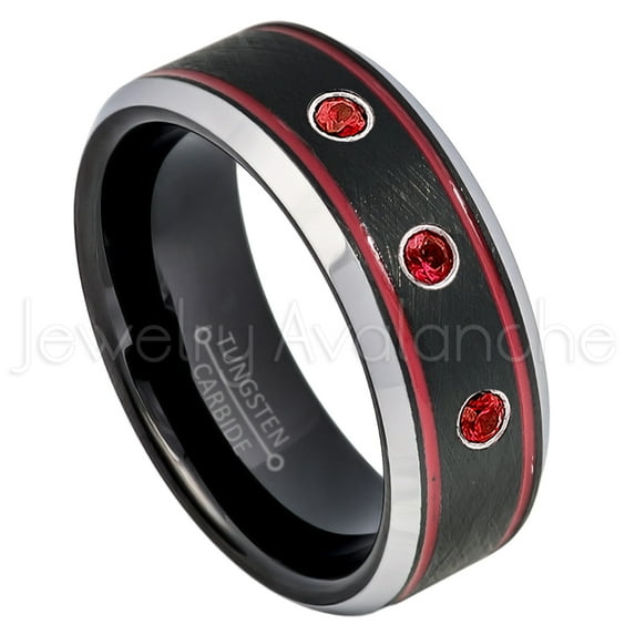 Tri-Color Black Red Stripe Tungsten Ring - 0.21ctw Garnet 3-stone Band - Personalized Tungsten Wedding Ring - Custom Made January Birthstone Ring TN745BS