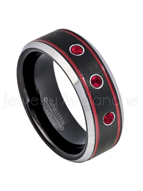 Tri-Color Black Red Stripe Tungsten Ring - 0.21ctw Ruby 3-stone Band - Personalized Tungsten Wedding Ring - Custom Made July Birthstone Ring TN745BS