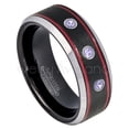 thumbnail image 1 of Tri-Color Black Red Stripe Tungsten Ring - 0.21ctw Tanzanite 3-stone Band - Personalized Tungsten Wedding Ring - Custom Made December Birthstone Ring TN745BS, 1 of 1