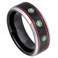 thumbnail image 1 of Tri-Color Black Red Stripe Tungsten Ring - 0.21ctw Tsavorite 3-stone Band - Personalized Tungsten Wedding Ring - Custom Made January Birthstone Ring TN745BS, 1 of 1