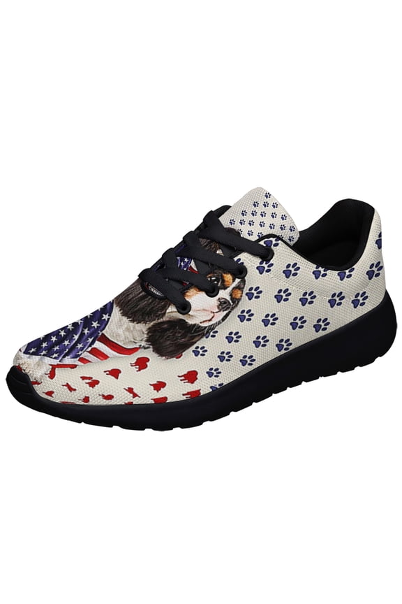Tri Color Cavalier King Charles Spaniel Wrapped In American flag Shoes Sneakers Black Size 10.5