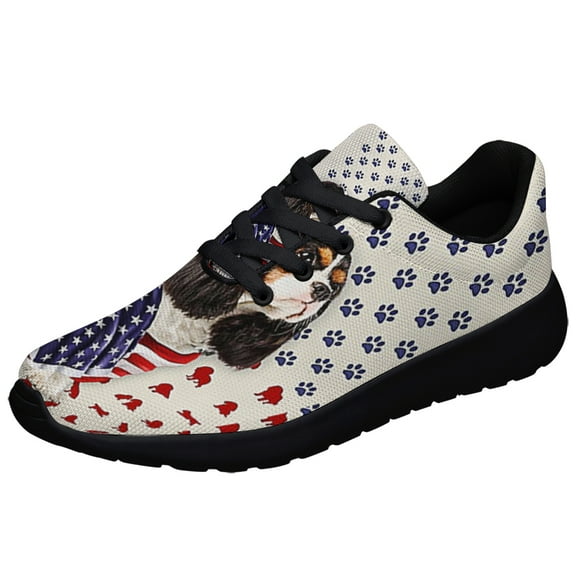 Tri Color Cavalier King Charles Spaniel Wrapped In American flag Shoes Sneakers Black Size 3.5