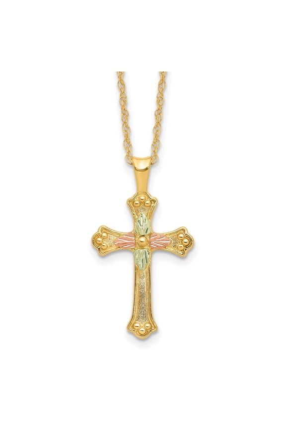 Tri-Color Cross Pendant Necklace for Men and Women in Yellow Green Rose Gold with Floral Design Religious Vintage Style Faith Jewelry Spiritual Layering Accessory Black Hills Inspired