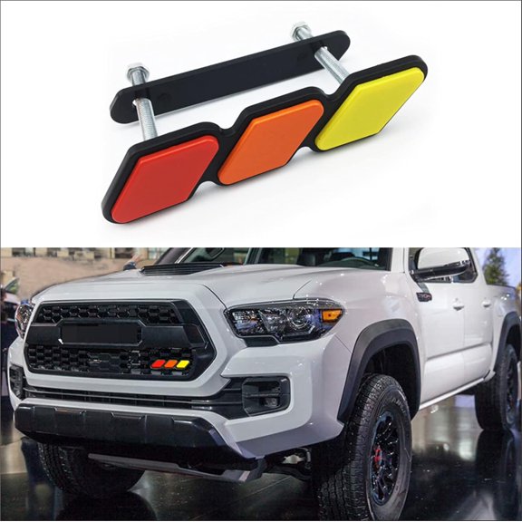 Tri-Color Grille Badge Emblem Decoration Accessories Car Truck Label Compatible for Tacoma 4Runner Tundra Sequoia Rav4 Highlander (Yellow/Orange/Red)