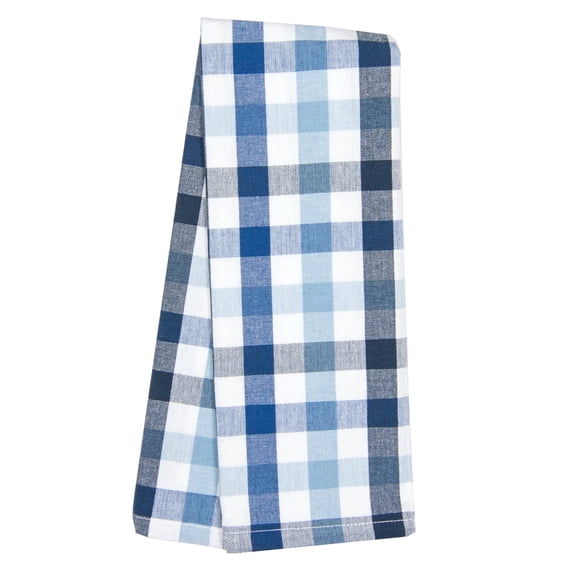Tri Color Navy Chambray Light Blue Plaid Check Applique and Embroidery Tea Towel