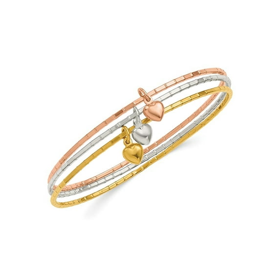 Gem & Harmony Tri-Color Puffed Heart Bangle in Plated Sterling Silver for Women