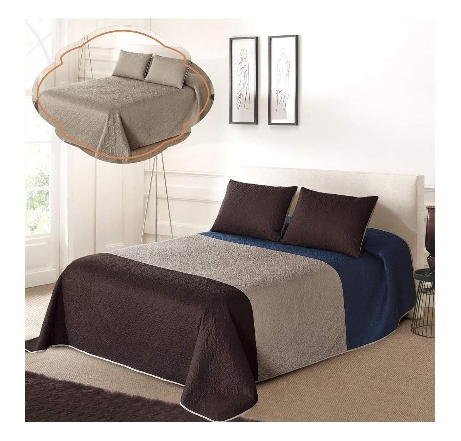 TriColor Reversible Full/Queen Oversized Bedspread and Pillow Sham Set