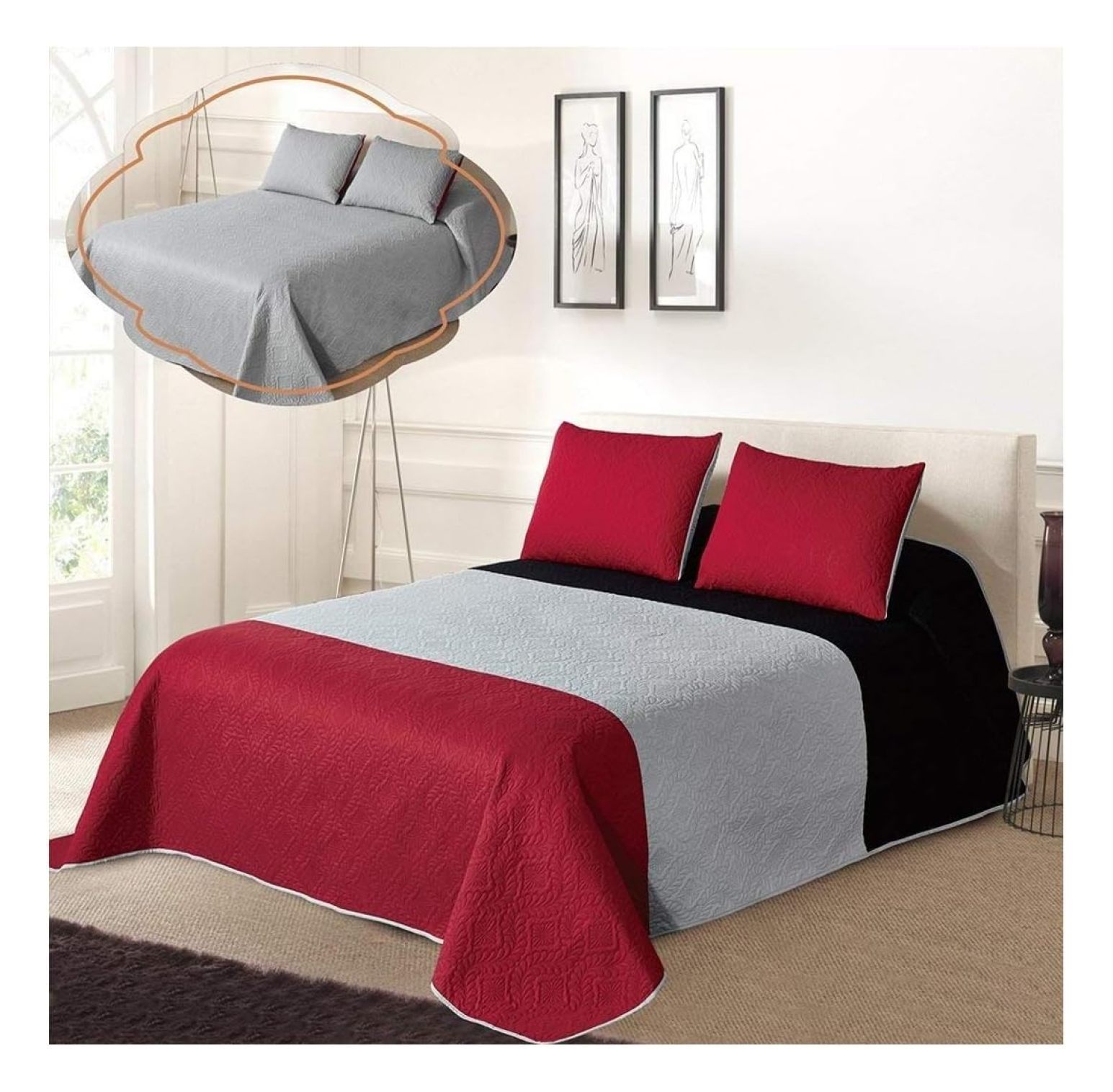 Tri-Color Reversible Full/Queen Oversized Bedspread and Pillow Sham Set ...