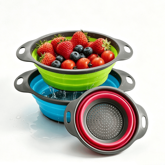 AMAZTEK Collapsible Colander Set of 3 Round Silicone Kitchen Strainer Set - 2 pcs 4 Quart and 1 pcs 2 Quart- Perfect for Draining Pasta, Vegetable and fruit (green,blue, purple)