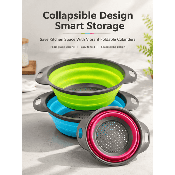 AMAZTEK Collapsible Colander Set of 3 Round Silicone Kitchen Strainer Set - 2 pcs 4 Quart and 1 pcs 2 Quart- Perfect for Draining Pasta, Vegetable and fruit (green,blue, purple)