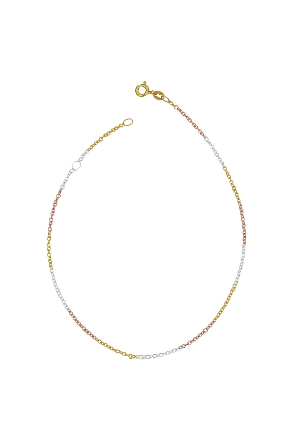 Tricolor Sterling Silver Round Cable Chain Anklet (1.5 mm, 10 inch)
