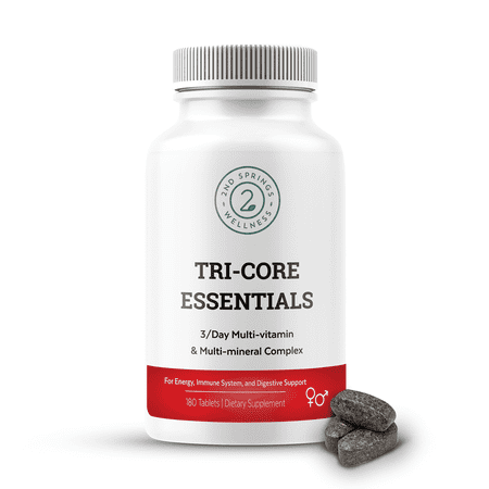 Tri-Core Essentials - 3 A Day Comprehensive Multivitamin Multimineral Complex with Probiotics, Prebiotics, Digestive Enzymes, Mushrooms, Adaptogens, and 45 Fruits and Vegetables - 180 Tablets