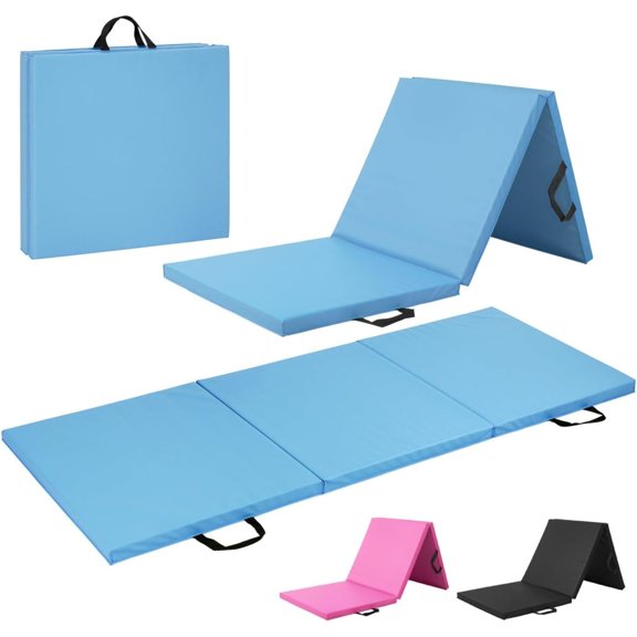 Tri Fold Folding Exercise Mat with Carrying Handles, 1.5" Thick Foldable Gym Mat, Foam Workout Mat for Gymnastics, Yoga, MMA, Core Workouts, Stretching, Multiple Colors