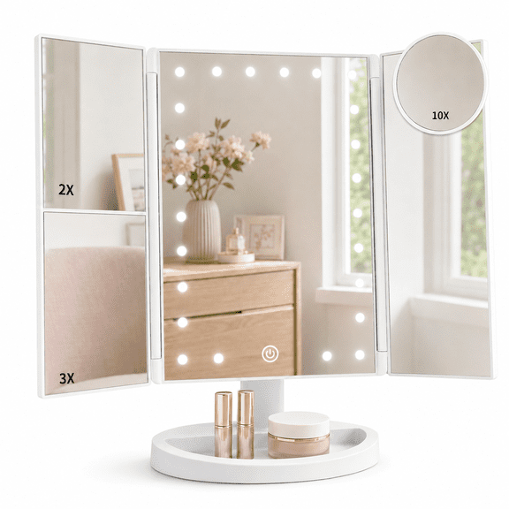 Tri-Fold Vanity Mirror with Lights, 1X/2X/3X/10X Magnifying Makeup Mirror, Touch Dimming, Dual Power Travel Mirror with 52 LED Lights