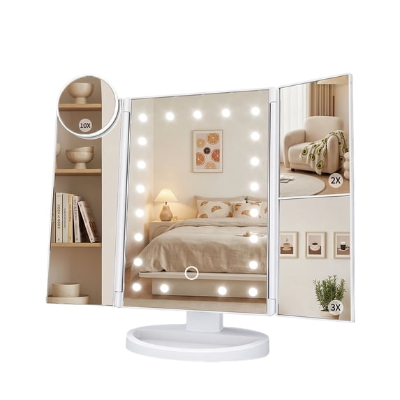 Tri-Fold LED Vanity Makeup Mirror with 21 Lights, Touch Control, 3X/2X/1X Magnification | Free 10X Mini Mirror | 360° Rotation, Dual Power | Rose Gold/White | Best Valentine’s Gift for Her