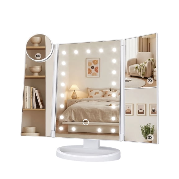 Tri-Fold LED Vanity Makeup Mirror with 21 Lights, Touch Control, 3X/2X/1X Magnification | Free 10X Mini Mirror | 360 Rotation, Dual Power | Rose Gold/White | Best Valentines Gift for Her