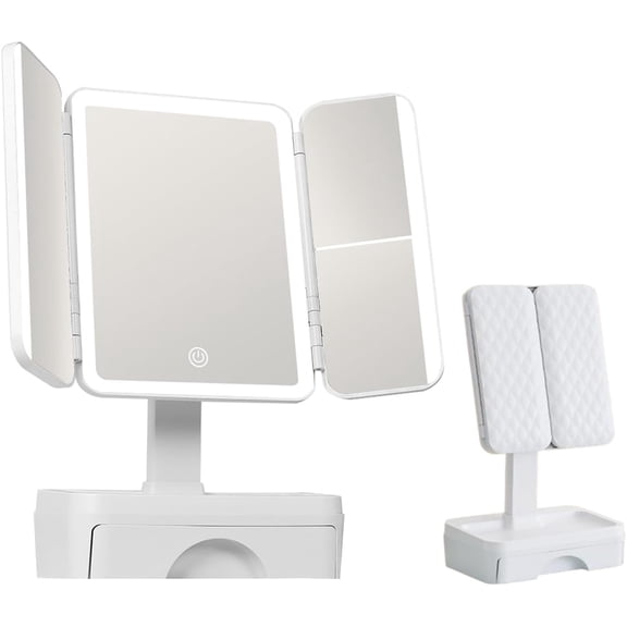 Tri Fold Lighted Makeup Mirror with Storage & 3X Magnification, Small Vanity Mirror, 3-Color Dimmable LED Vanity Mirror, Touch Control Vanity Mirrors, Travel Makeup Mirror for Women (White)