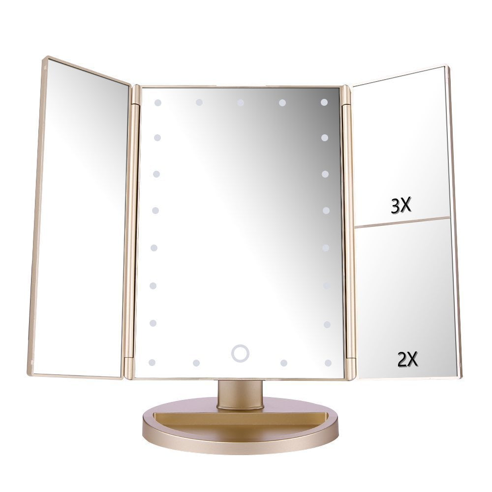 Tri-Fold Lighted Vanity Mirror with 21 LED Lights, Touch Screen and 3X/2X/1X Magnification, Two ...