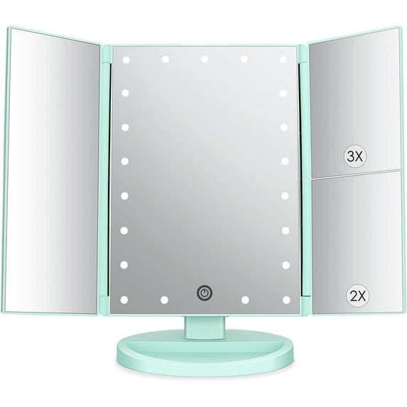 ZJQYDS Tri-Fold Lighted Vanity Tabletop Mount Mirror with 21 LED Lights, Touch Screen and 3X/2X/1X Magnification, Two Power Supply Mode Make up Mirror,Travel Mirror