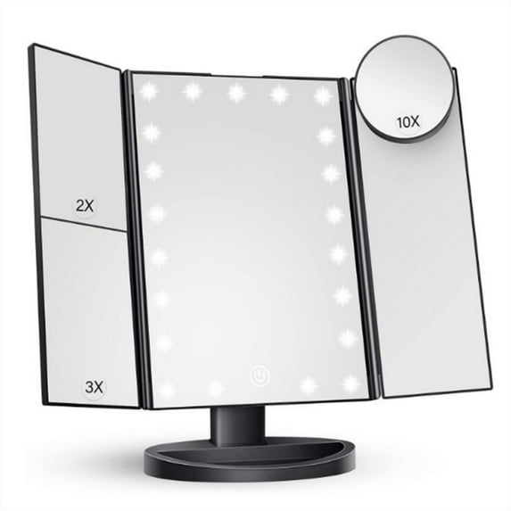 Tri-Fold Makeup Mirror with Lights, 2X/3X/10X Magnifying Vanity Mirror, Touch Control Dual Powered Cosmetic Mirror, Portable LED Women Gift