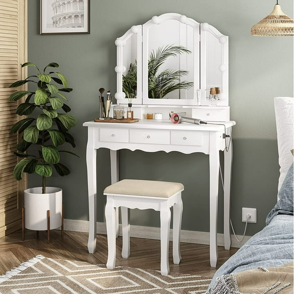 Tri-Fold Makeup Vanity with Mirror and Lights and Padded Vanity Stool, Bedroom Wooden Vanity Set with 5 Drawers & USB Ports,Necklace Hooks, White