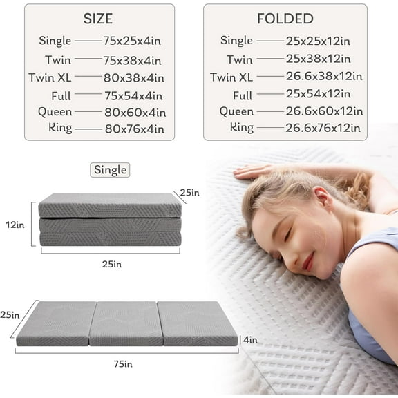 Tri-Fold Memory Foam Mattress, 4 inch King Folding Mattress with Collapsible and Washable Cover, Travel and Guest Mat, 80"×76"×4", Grey