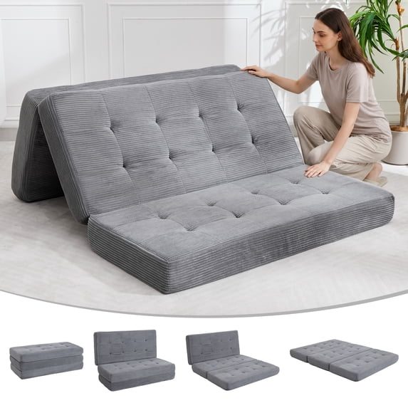 Tri-Fold Memory Foam Sofa Bed - 6" Tufted Folding Mattress, Corduroy Cover, Portable Twin Guest Bed for Adults, RV, Camping (39"x75")