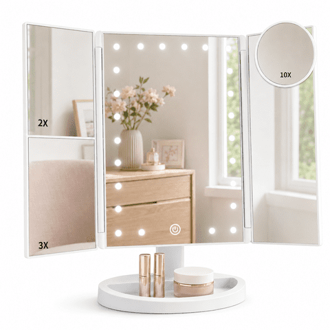 Tri-Fold Vanity Mirror with Lights, 1X/2X/3X/10X Magnifying Makeup Mirror, Touch Dimming, Dual Power Travel Mirror with 52 LED Lights