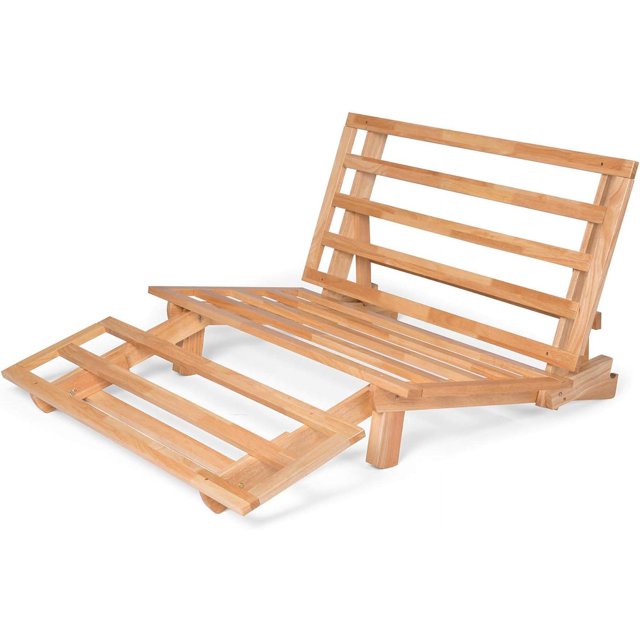 TriFold Wood Futon Frame Full Size Sofa Bed Lounger (Affordable Space Saver, Natural Finish