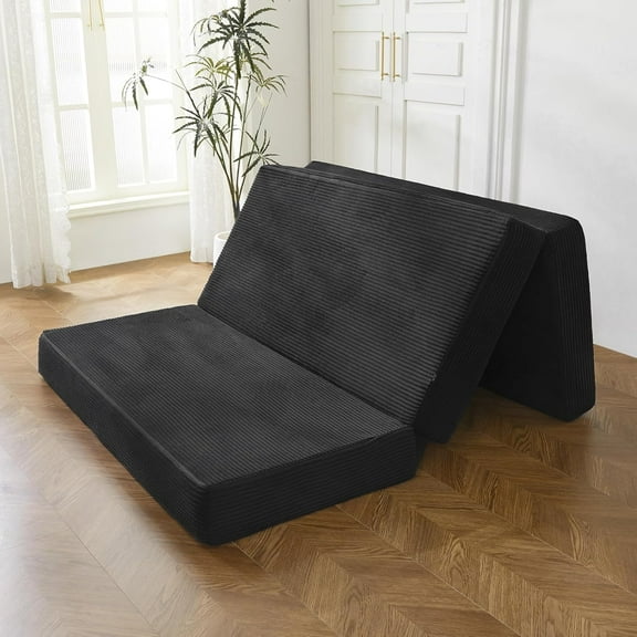 Tri-Folding Corduroy Mattress, 6 Inch Gel Folding Mattress Topper, Foldable Soft Guest Bed Camping Pad, Washable Cover (Black, )