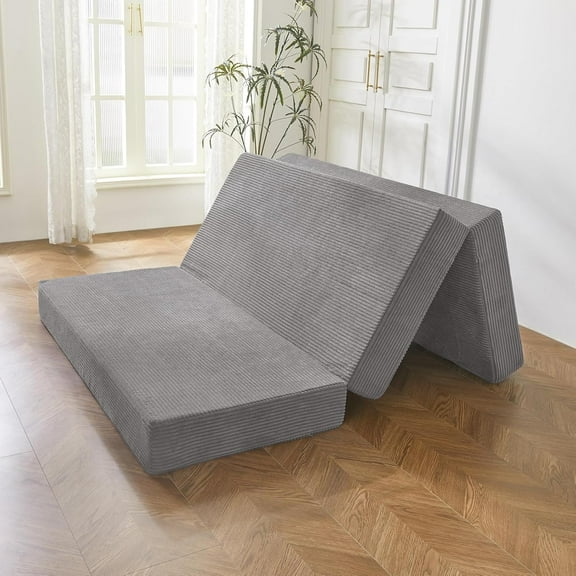 Tri-Folding Corduroy Mattress, 6 Inches Gel Folding Mattress Topper, Foldable Soft Guest Bed Camping Pad, Washable Cover (Grey, Twin)