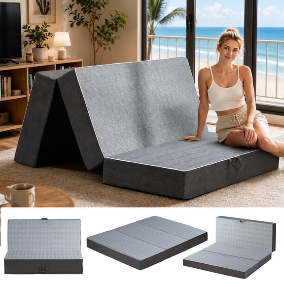 Tri Folding Mattress Full Size - 6 Inch Dual-Layer Memory Foam Foldable Mattress Portable Futon Sofa Bed with Removable Washable Cover, Handle & Non-Slip Bottom for Guest, Camping, RV, Yoga, Home Use