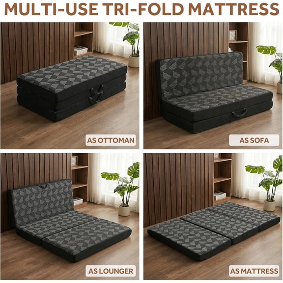 Tri Folding Mattress - Memory Foam Tri-fold Mattres, Handle & Non-Slip Bottom, Portable Foldable Sofa Bed Floor Chair for Travel RV Camping Guest Yoga