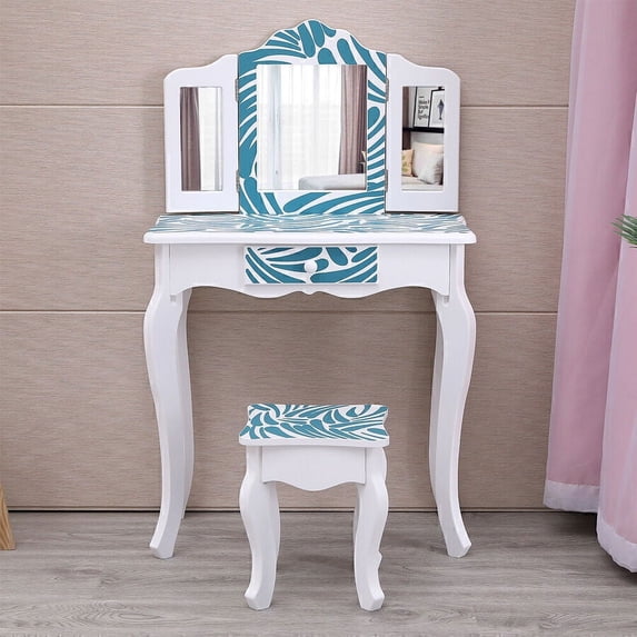 Tri Folding Mirror Children's Vanity Set, Makeup Table w/ Stool for Kids